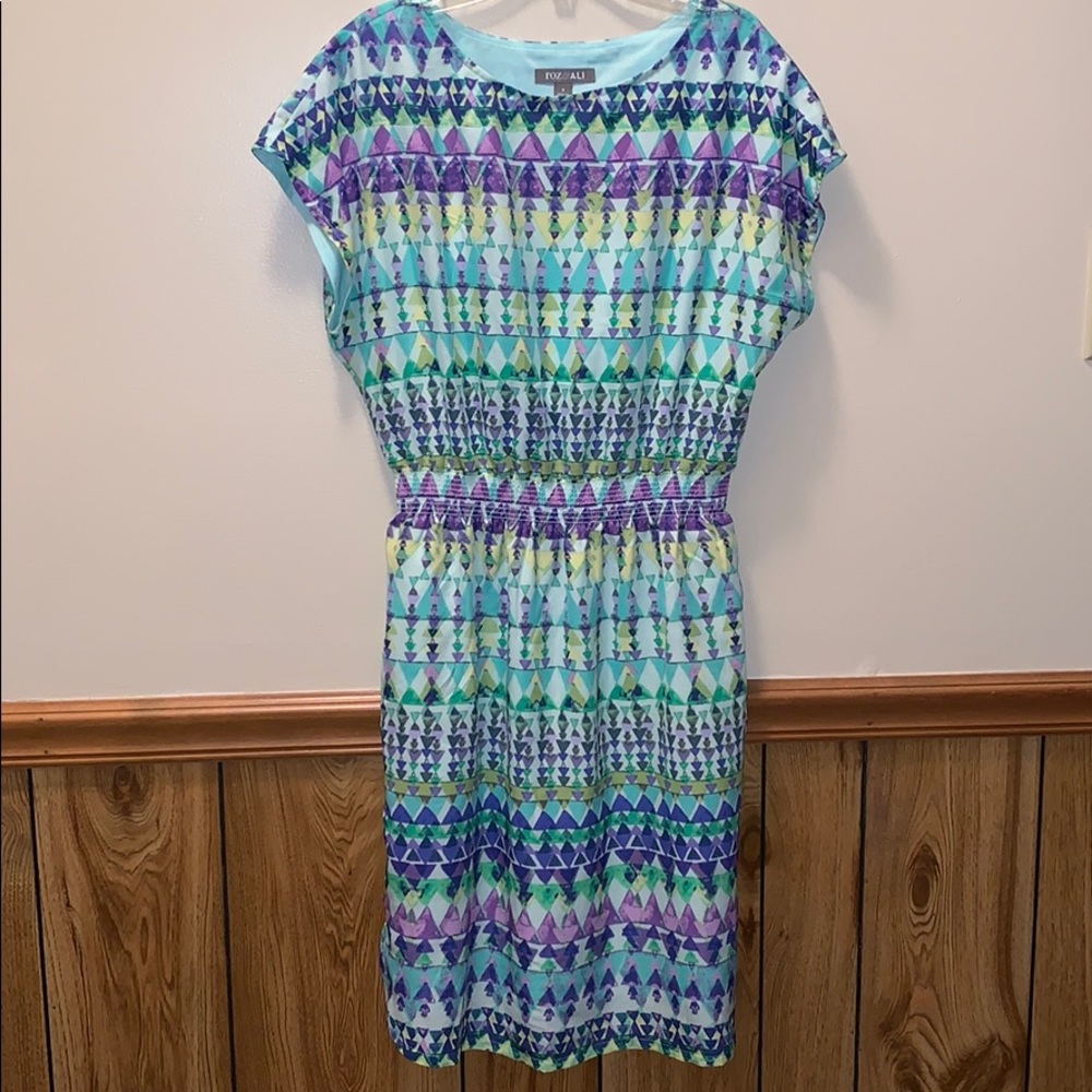 Women’s multi color fitted waist dress. Size 4